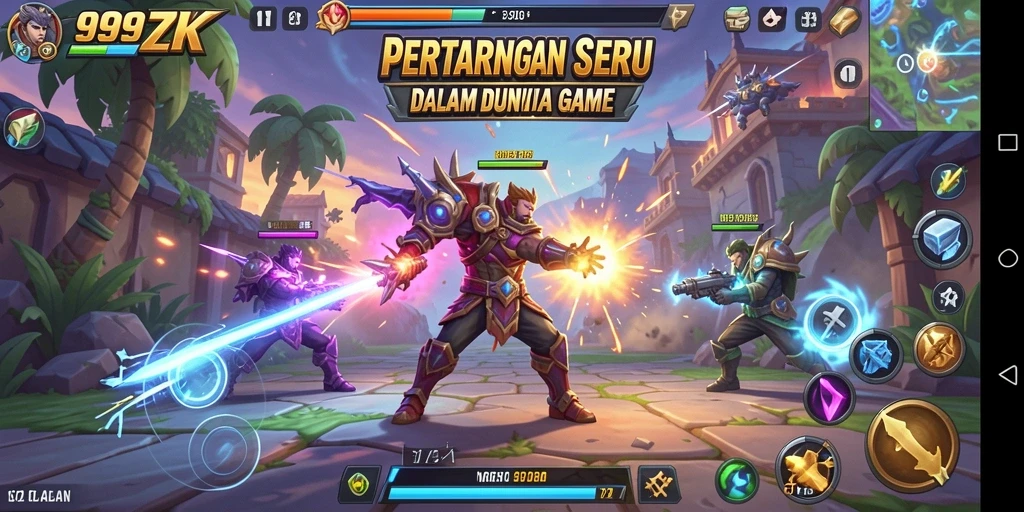 Screenshot gameplay 999ZK menunjukkan pertarungan intens dan karakter dinamis.