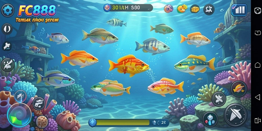 Tangkapan layar FC888 menampilkan aksi seru menangkap ikan di bawah laut.
