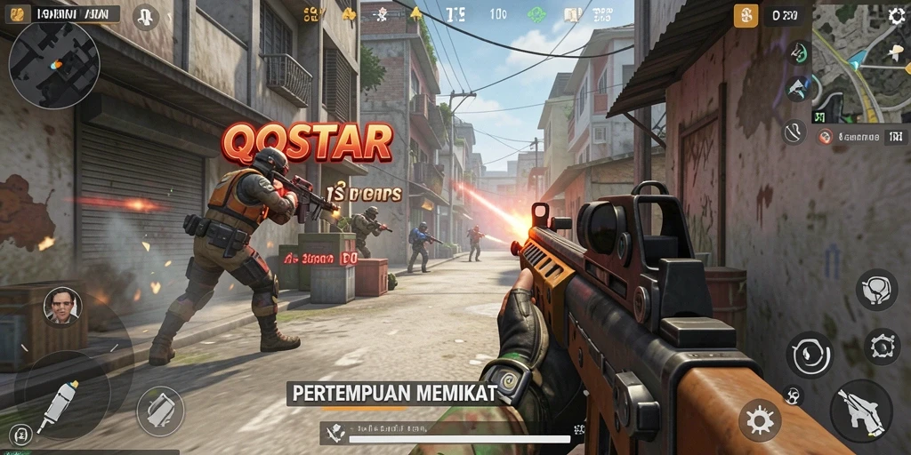 Screenshot utama QQSTAR menampilkan aksi cepat dan grafis menawan dalam pertempuran FPS.