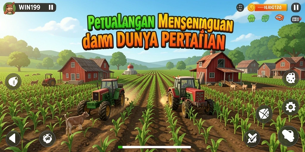 Screenshot gameplay WIN199 yang menunjukkan aktivitas bertani dan merawat hewan ternak.